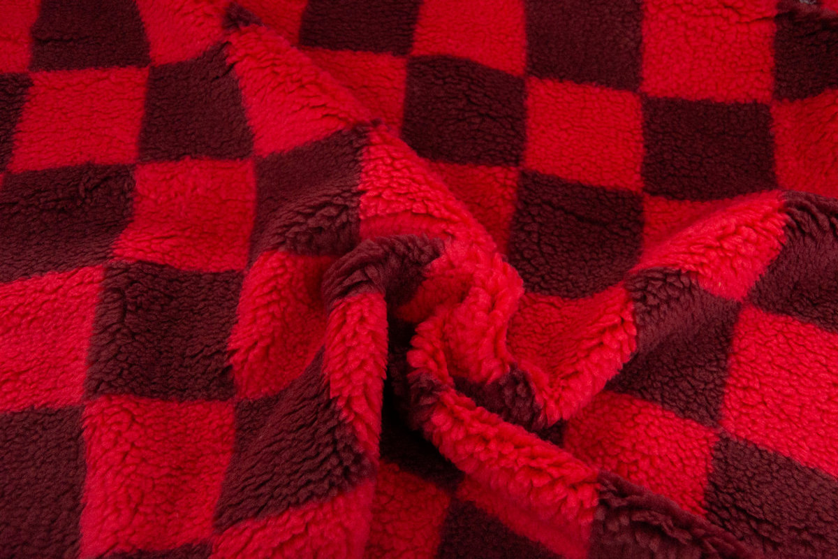 Edición limitada / Deadstocks Tela de piel sintética tipo teddy/sherpa, estampado de cuadros rojos – 3EM250022