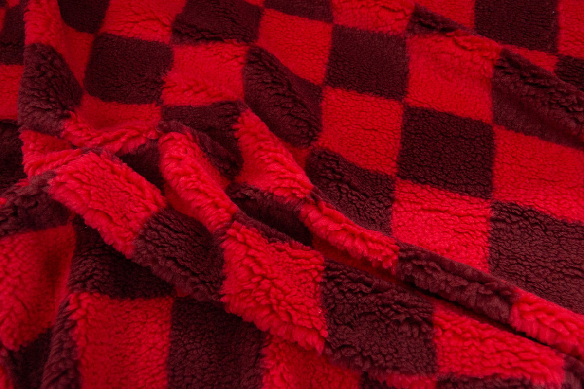 Edición limitada / Deadstocks Tela de piel sintética tipo teddy/sherpa, estampado de cuadros rojos – 3EM250022